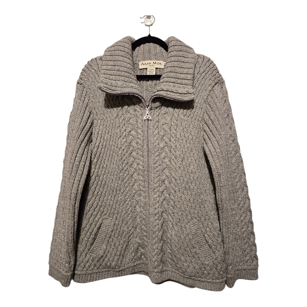 Aran Mor Irish Merino Wool Cable Knit Cardigan Sweater Womens XL Gray Fisherman